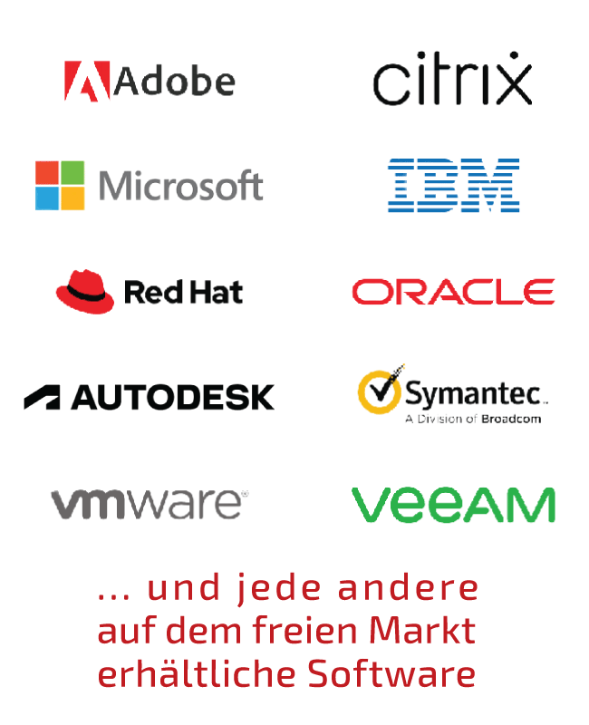 Software Hersteller wie Microsoft Citrix Adobe Autodesk Red Hat IBM VMware Veeam Symantec Oracle