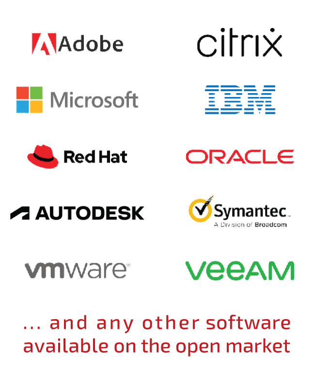 Software Vendors like Microsoft Citrix Adobe Autodesk Red Hat IBM VMware Veeam Symantec Oracle